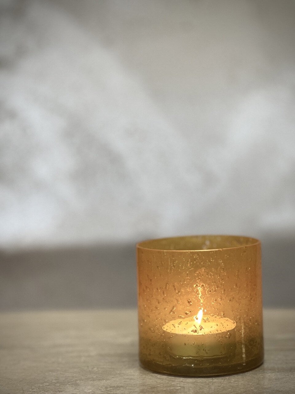 MARI small tea light candle holder, opaque yellow with stone finish
