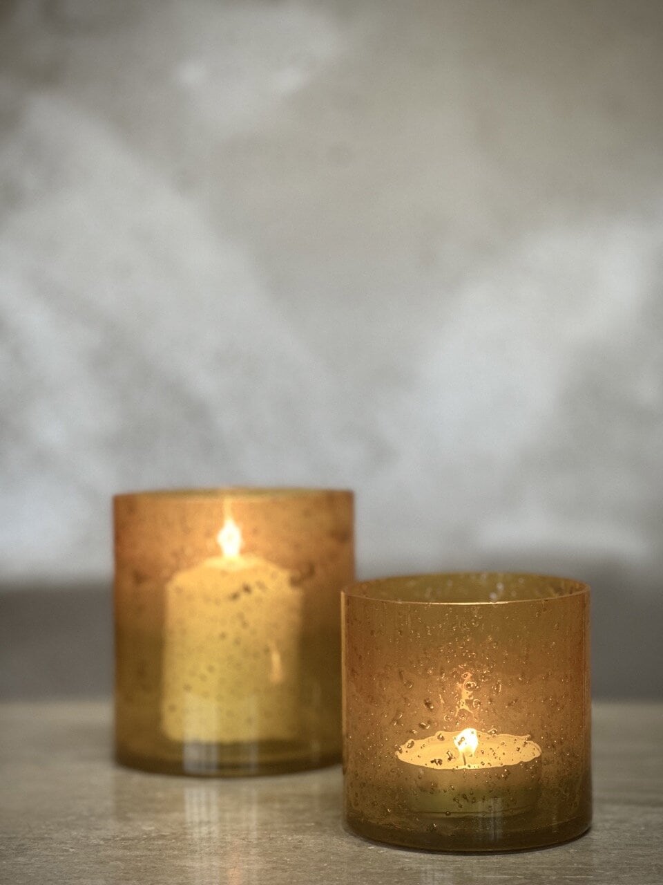 MARI small tea light candle holder, opaque yellow with stone finish
