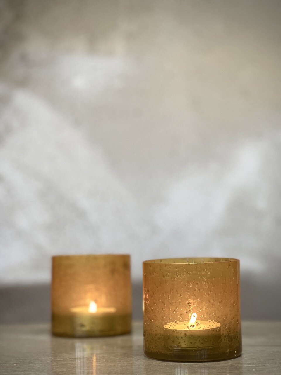 MARI small tea light candle holder, opaque yellow with stone finish