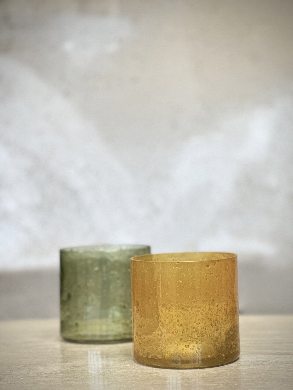 MARI small tea light candle holder, opaque yellow with stone finish