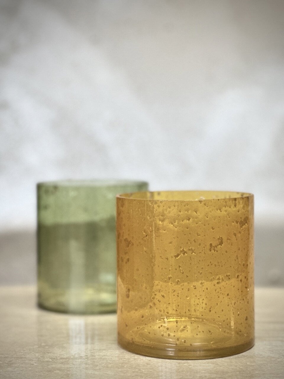 MARI large tea light candle holder, opaque yellow with stone finish
