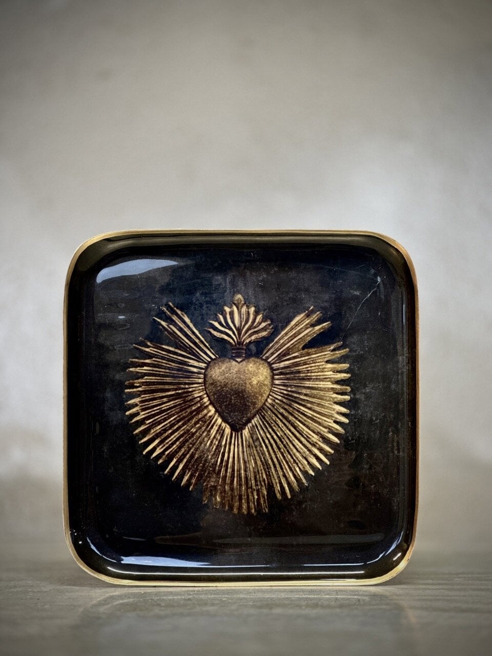 DIA square metal / enamel tray, black and gold w gold line