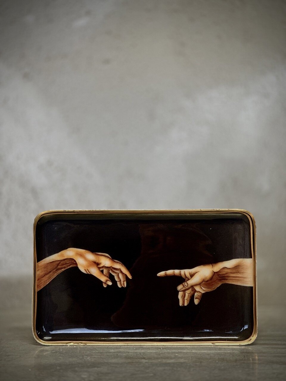 MANUS rectangular metal/enamel tray, black and gold w gold line
