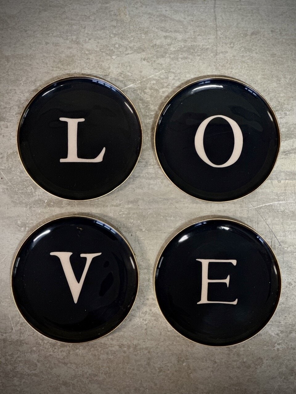 LOVE round metal/enamel coaster, set of 4, black and white