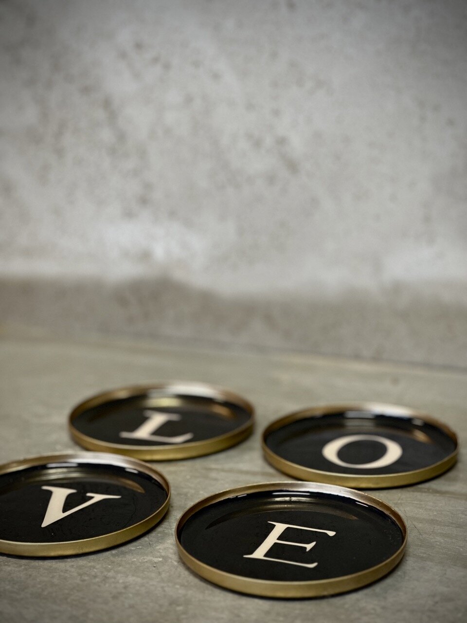 LOVE round metal/enamel coaster, set of 4, black and white