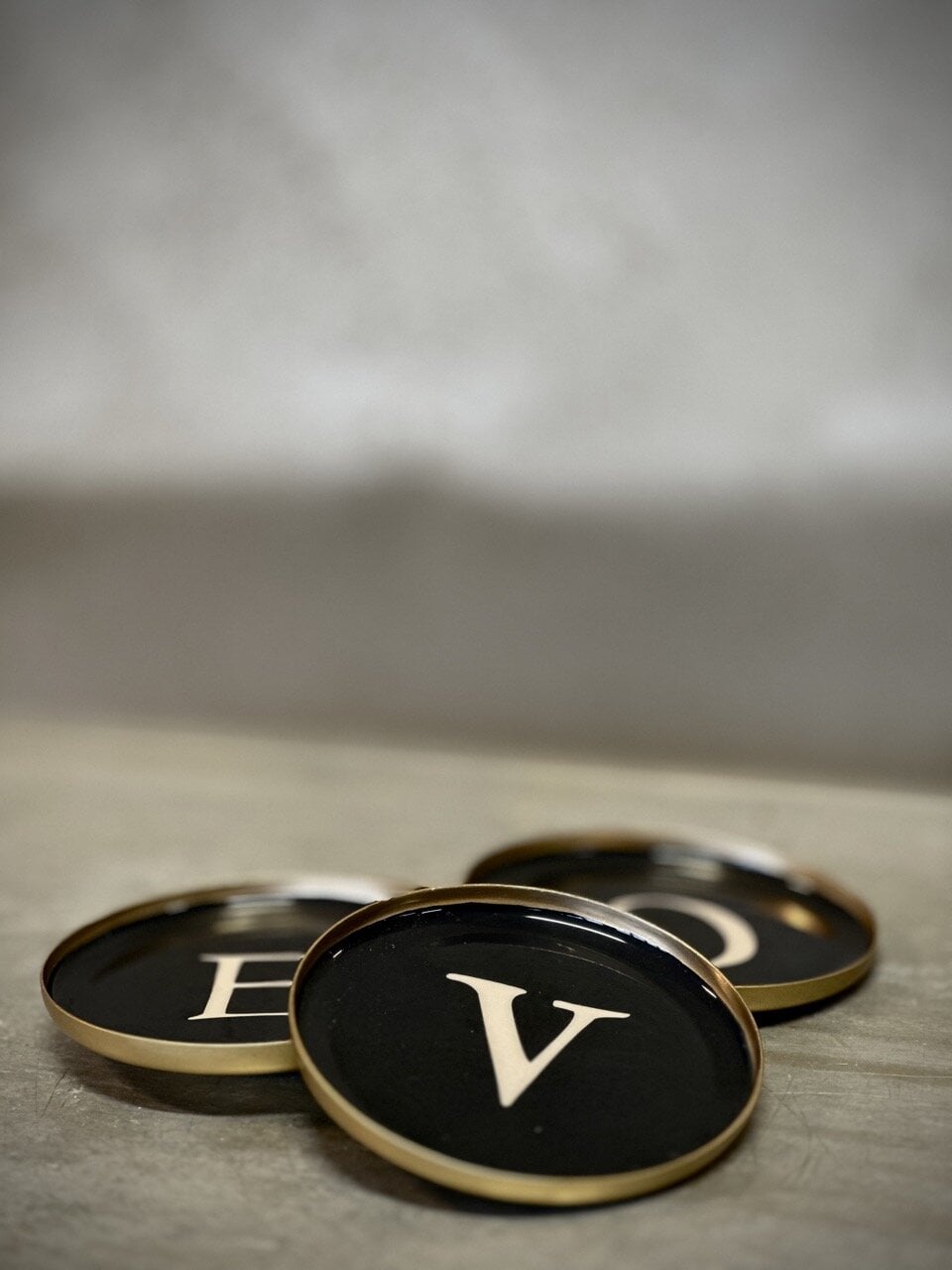 LOVE round metal/enamel coaster, set of 4, black and white