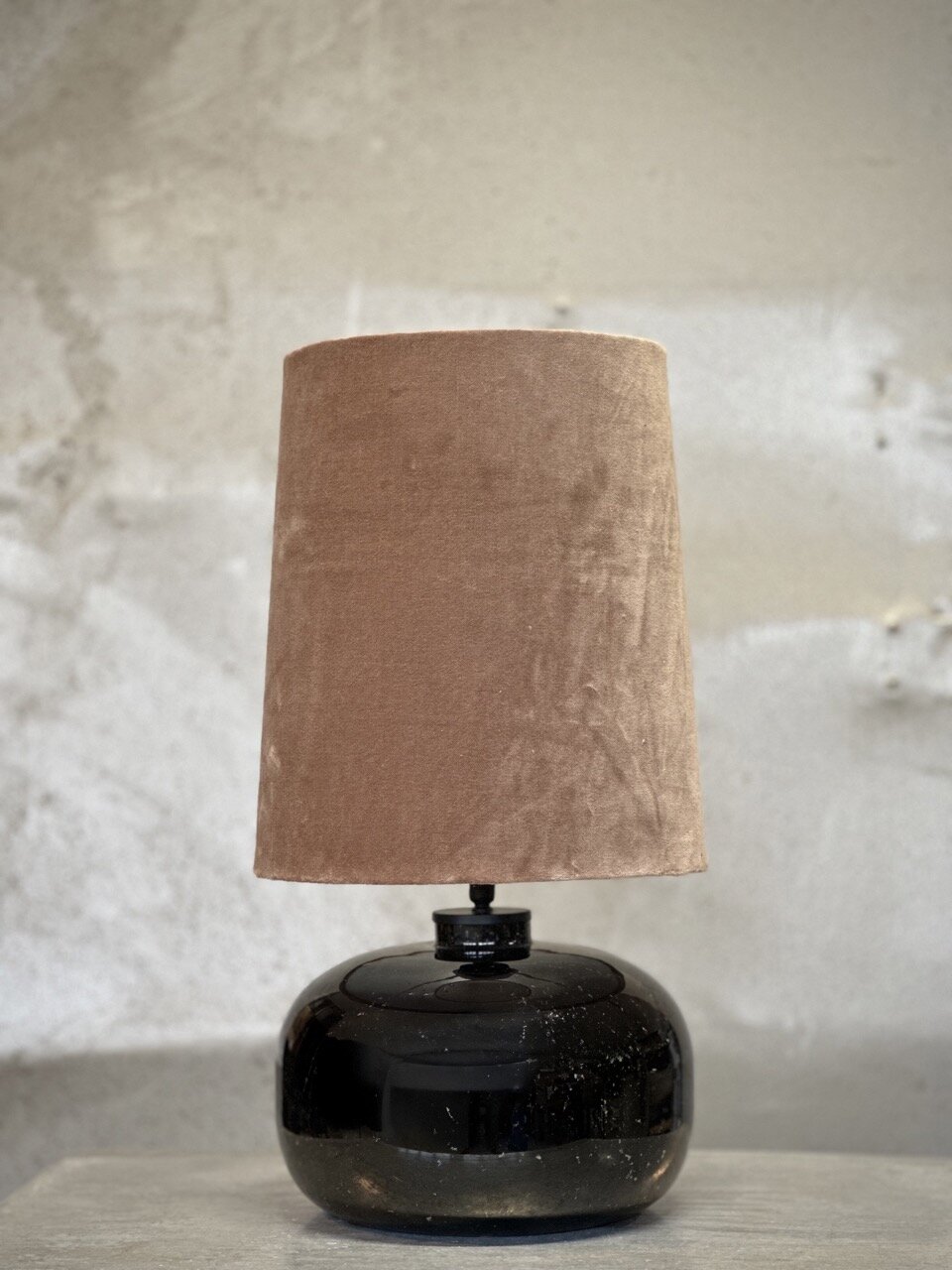 BOJO glass table lamp with shade, black bubble glass with beige velvet shade