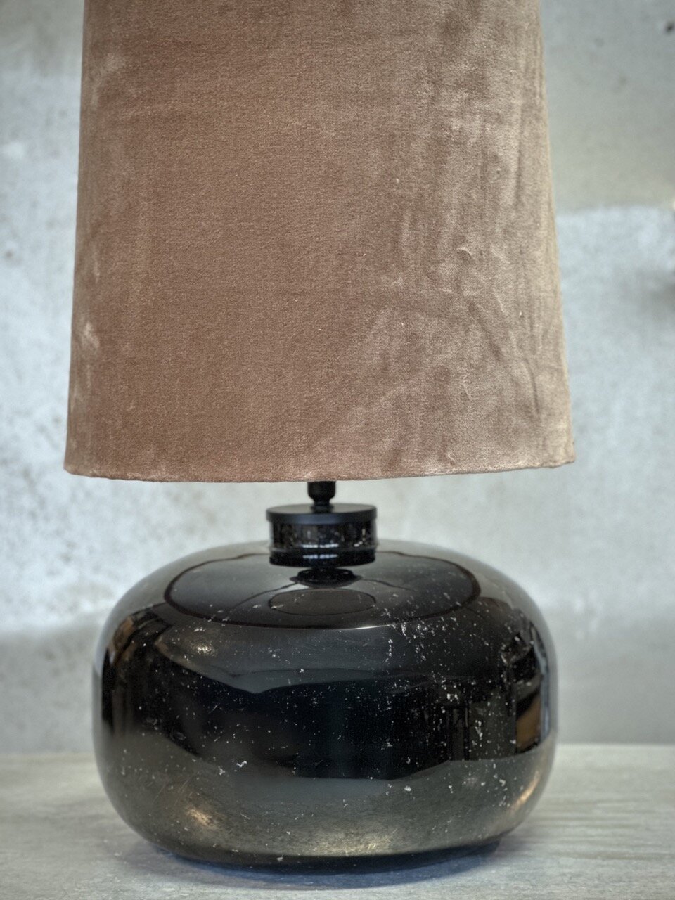 BOJO glass table lamp with shade, black bubble glass with beige velvet shade