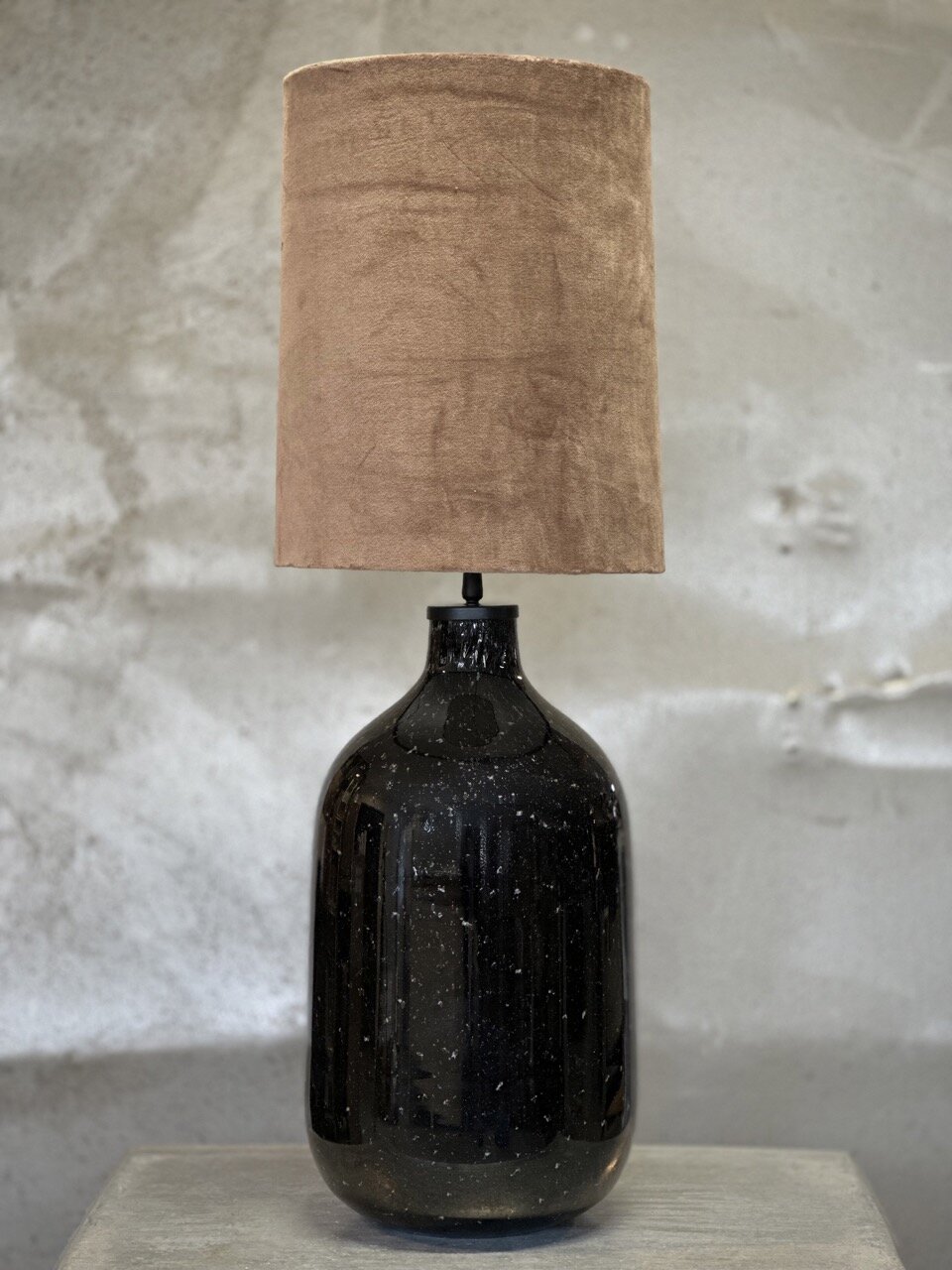 LAXI glass table lamp with shade, black bubble glass with beige velvet shade