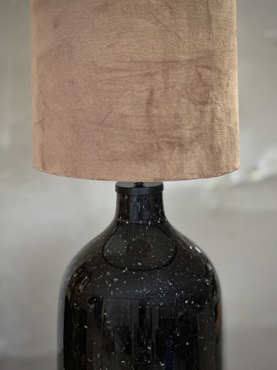 LAXI glass table lamp with shade, black bubble glass with beige velvet shade