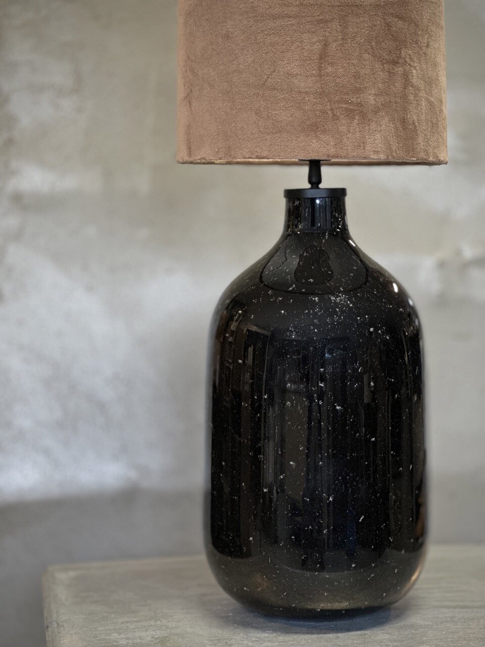 LAXI glass table lamp with shade, black bubble glass with beige velvet shade