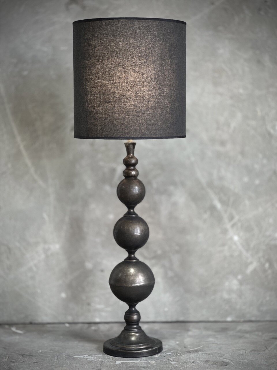 GONG metal lamp with black cotton shade, antique brown