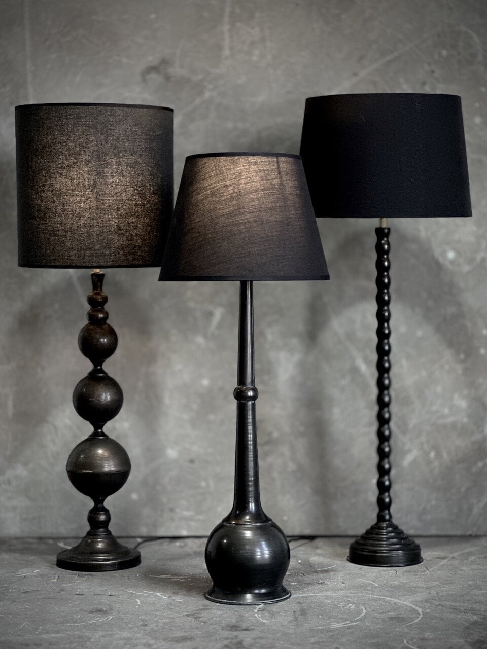 BOLLE metal lamp with black cotton shade, antique black