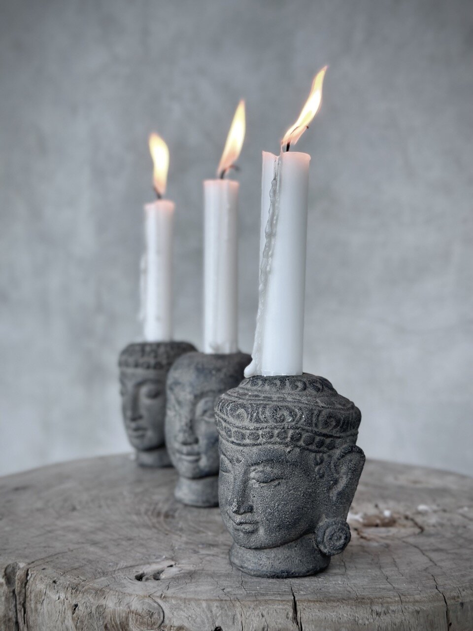 YONO set 3 buddha stone candle holders, grey wash