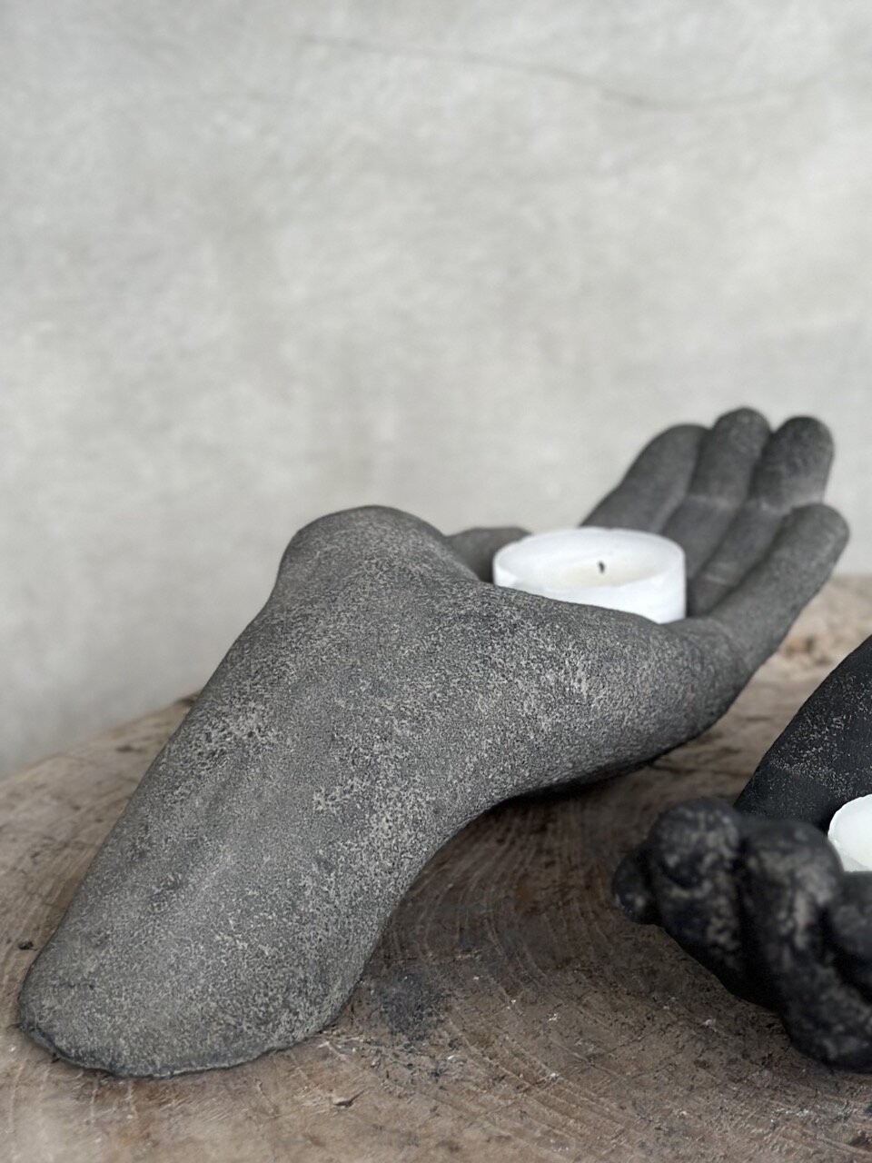 GORO stone hand tealight candle holder, grey wash